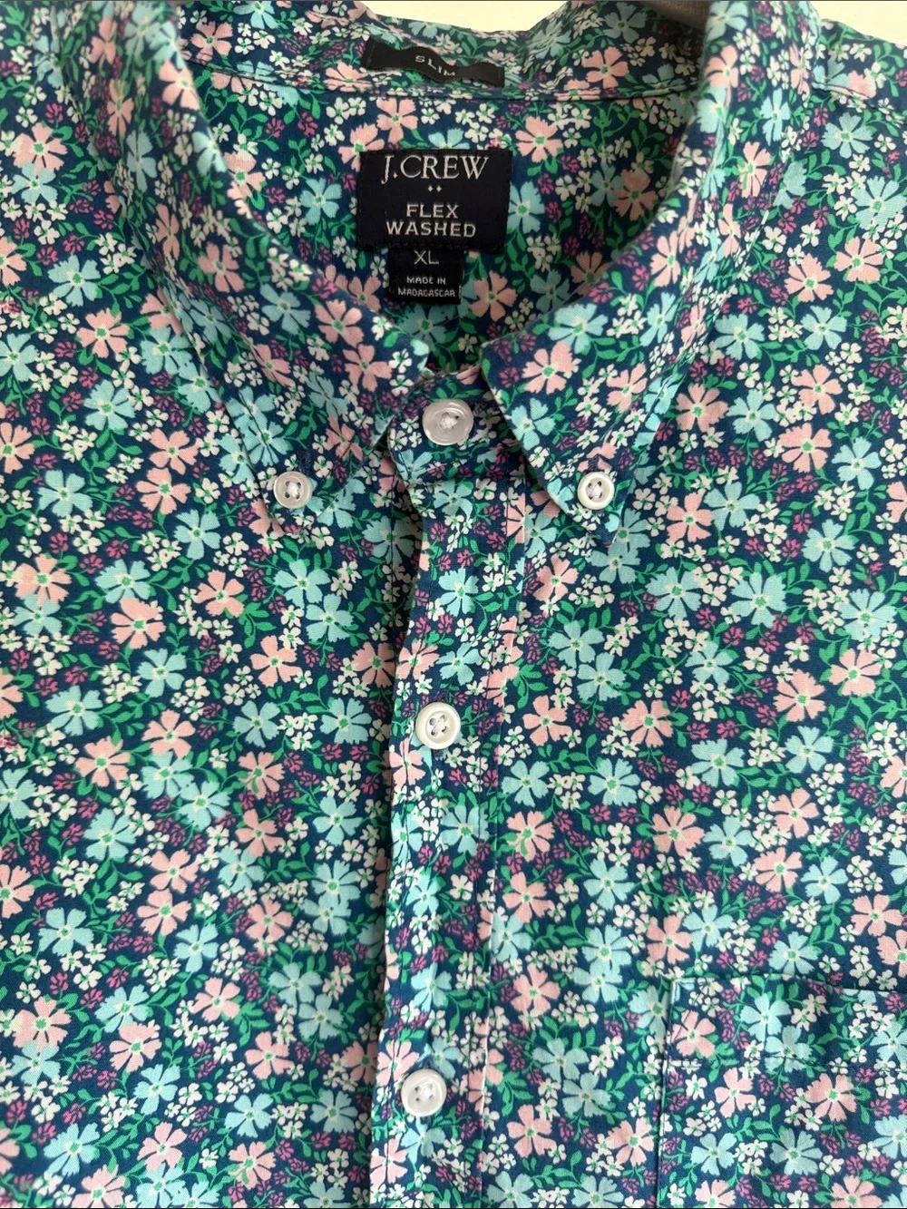 J. Crew Floral Short-Sleeve Button-Down Shirt in Teal and Pink